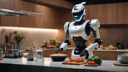 A futuristic robot chef in a modern kitchen, preparing a gourmet meal. The robot is using various kitchen tools and appliances, showcasing the integration of robotics in culinary arts