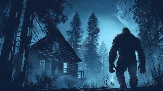 A Silhouetted Bigfoot Approaches a Cabin in the Woods at Night. Generative AI