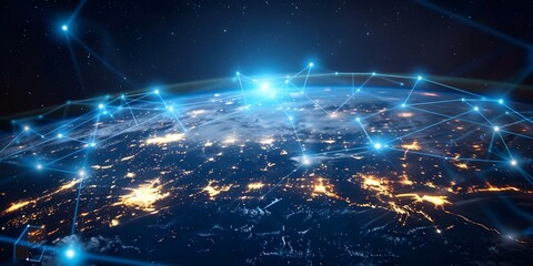 Global digital network connecting Earth via orbiting satellites and technology. Concept Satellite Communication, Global Connectivity, Technology Innovation, Space-based Networking, Worldwide Access