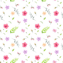 Cute abstract floral vector pattern with small flowers and leafs. Collage contemporary seamless pattern. Vector realistic cartoon style pattern. Minimalism on write background.