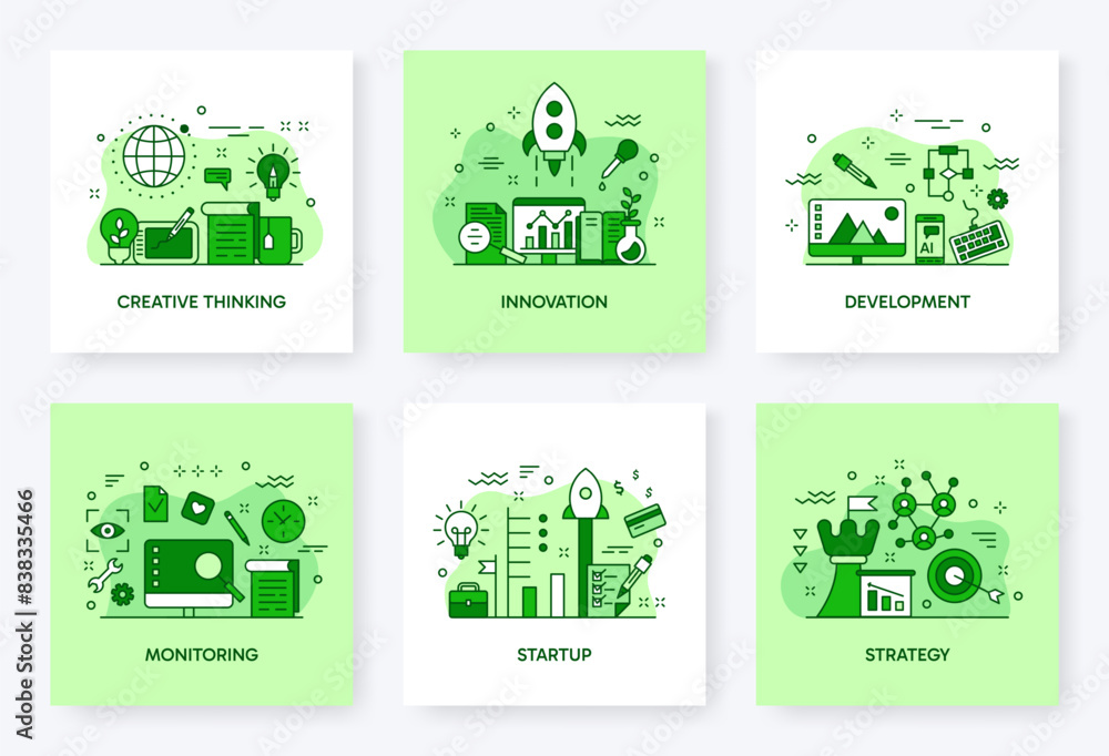 Poster Business services. Web design. Flat creative process of study. Computer technology smart infographic. Project startup. Work innovation. Thinking and monitoring. Vector line icons set