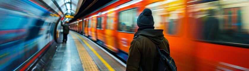 commuter boarding a train, with the train in motion and a sense of urgency