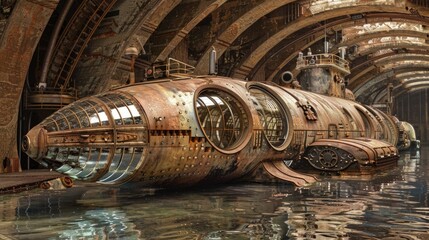 Steampunk submarine with spherical windows in hangar sci-fi design