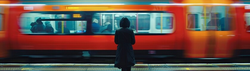 commuter boarding a train, with the train in motion and a sense of urgency