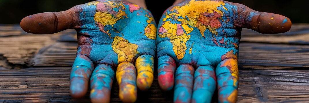 two hands holding a world map painted in colors, the hands are on a wooden table