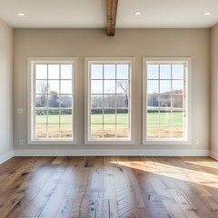 Fototapeta premium A bright, spacious room with large windows showcasing a picturesque view of a green field and trees. Natural light fills the room, highlighting the warm wood beams and the beautiful hardwood floors.AI