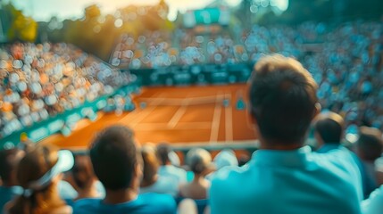 Defocused Tennis Stadium Press Box with Commentators and Court