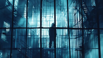 Silhouette caged by sharp lines, representing pain and confinement, powerful visual metaphor, photorealistic, whimsical, fusion, industrial setting