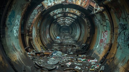 Grimy subway tunnel with litter and graffiti on the walls. 