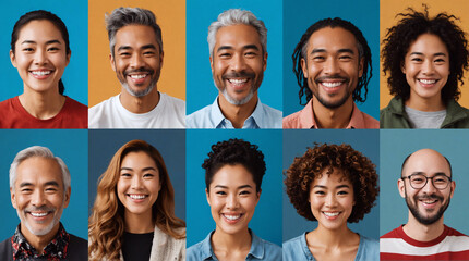 Collage of different people smiling, men and women from various age and race, multicultural. Diversity, inclusion, equality within one single grid of faces