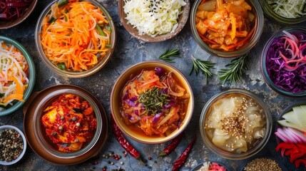 A diverse selection of probioticrich foods, such as kimchi, sauerkraut, kombucha, and miso, displayed in a colorful and appealing manner