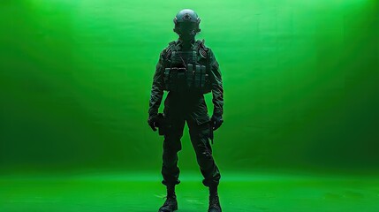 Fototapeta premium Silhouette of a soldier standing in front of a green background. Military, warfare, and defense representation.