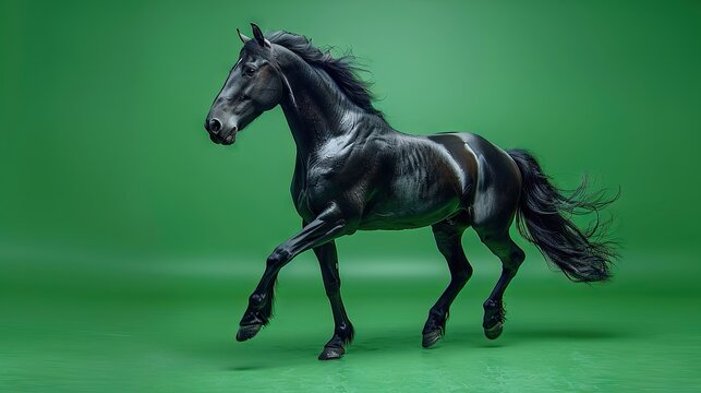 Stunning photo of a black horse in mid-flight against a vivid green background