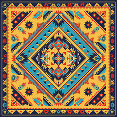print design in the style of ethnic carpet patterns, Aztec art and African textile designs. Red blue yellow orange
