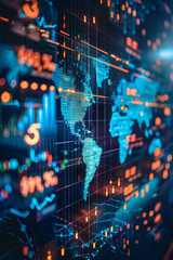 Obraz premium Digital World Map with Data Visualization, Global Network Connections, and Financial Analytics