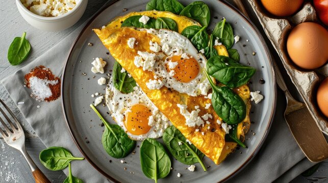 Scrambled eggs with spinach and cottage cheese in a grey plate, healthy eating, flat lay