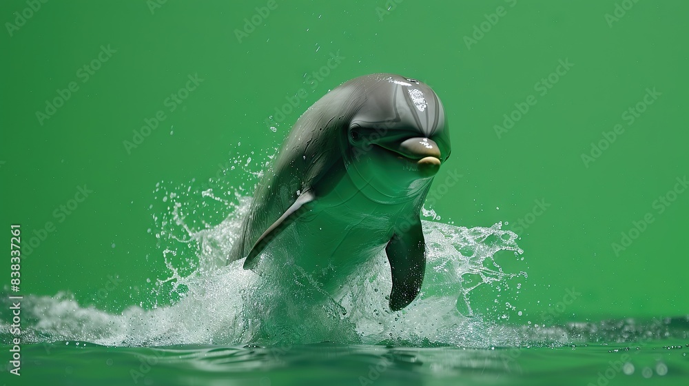 Wall mural A playful dolphin jumping out of the water against a green background, showcasing the beauty of marine life in action. - Wall murals