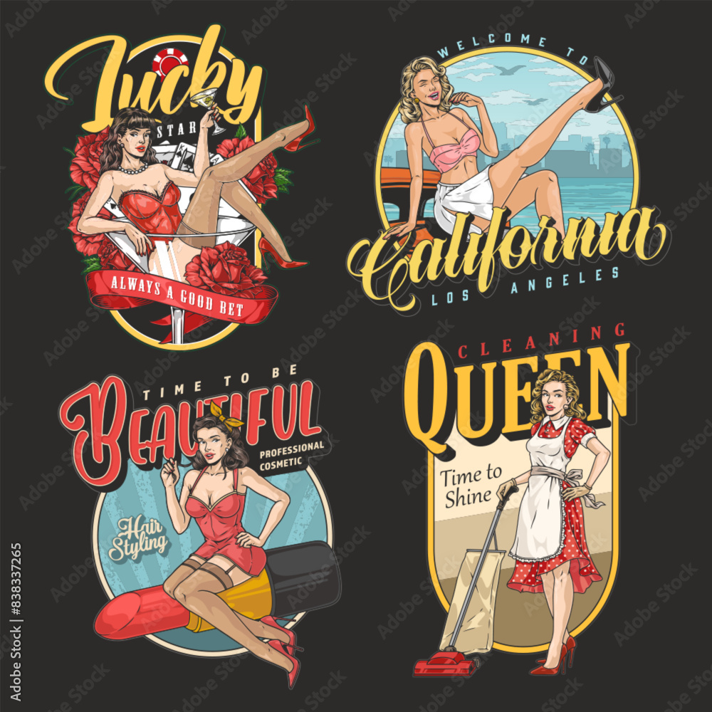 Sticker pinup culture colorful set posters