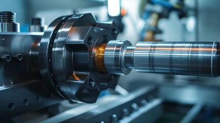 Naklejka premium Close-up of a precision metal lathe in an industrial workshop, showcasing engineering and manufacturing.