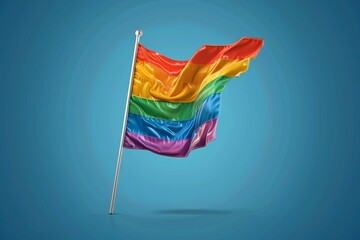 Fototapeta premium Waving rainbow flag on a blue background symbolizing LGBTQ pride and freedom in a vibrant and dynamic digital illustration