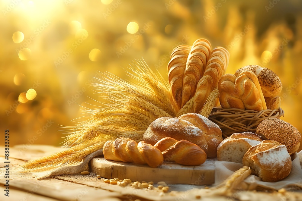 Wall mural golden bouquet of wheat and bread, rich farm harvest concept, agriculture products banner, rural landscape wallpaper,  tasty bakery 