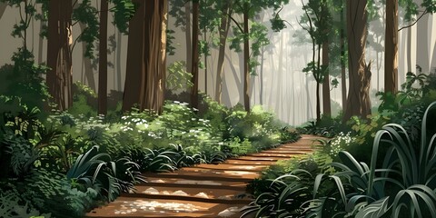 Obraz premium Enchanting forest with tall trees and lush vegetation ideal for digital painting. Concept Enchanting Forest, Tall Trees, Lush Vegetation, Digital Painting, Nature Scenery