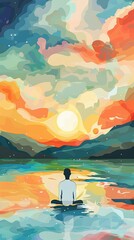 Breathing exercise with peaceful background, flat design top view theme mindfulness water color Triadic Color Scheme
