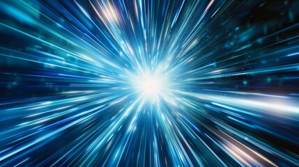 Obraz premium Dynamic light streaks in Sky Blue and White converge into a bright center, creating a sci-fi warp speed effect.