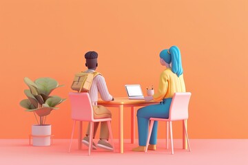 Teacher helping student at desk, flat design front view theme mentorship 3D render Split-complementary color scheme