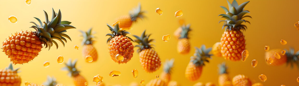 Tropical summer background with pineapples and juice splashes, banner