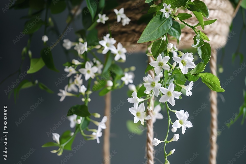 Canvas Prints Delicate white jasmine vines cascading in a beautiful hanging jute macrame The natural,organic floral arrangement creates a serene and elegant botanical backdrop.