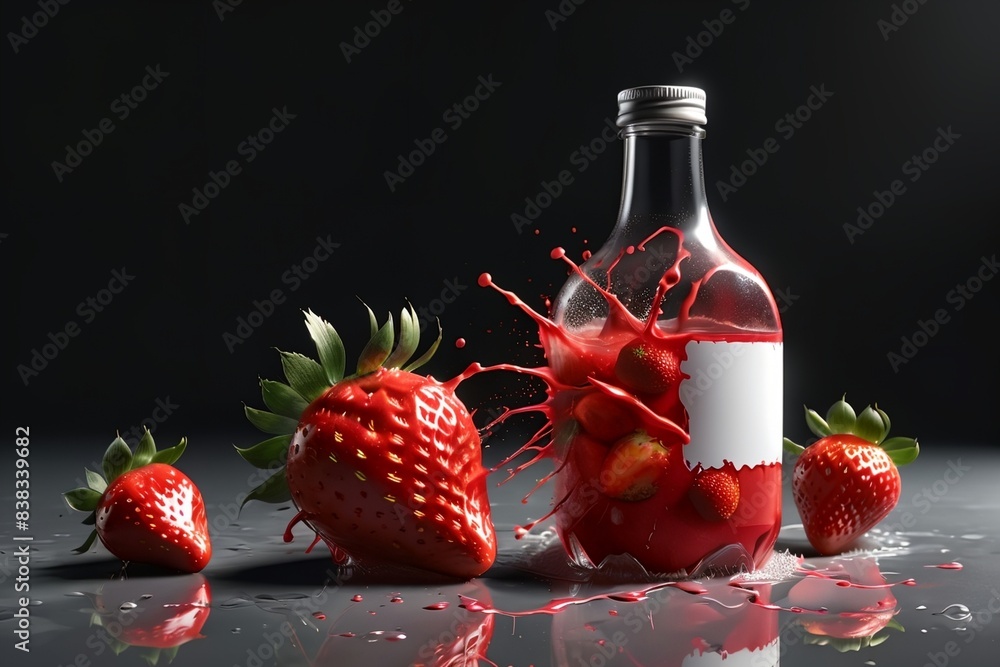 Poster cold strawberry cooling drink in glass bottle