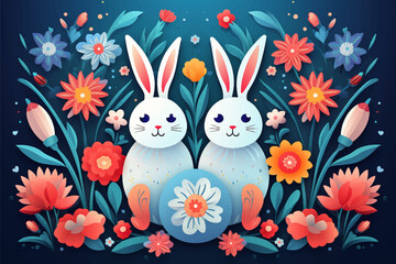 Colorful flat design doodle Happy Easter Eggs vector illustrations of bunnies, rabbits icons, decorated with flowers background