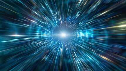 Naklejka premium Futuristic warp speed effect with vibrant light streaks in shades of blue converging towards a brilliant central point.