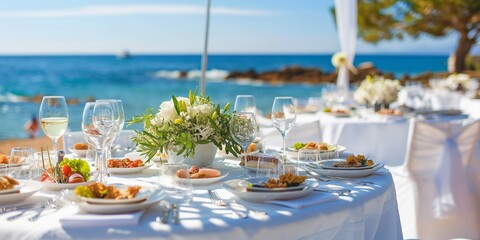 A luxurious beachside wedding event decor, featuring elegant white tables amidst romantic sea scenery.