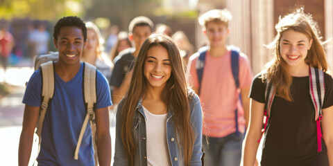 A friendly group of college students walking together, enjoying friendship and carrying backpacks and books.