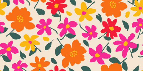 Hand drawn cute flowers, seamless patterns with floral for fabric, textiles, clothing, wall art, wallpaper, cover, banner, poster, interior decor, natural backgrounds.