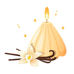 Vector illustration of aroma vanilla candle with vanilla flower and dried pods isolated on white background.
