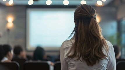 Close up view of businesswoman showing a presentation with a projector screen or whiteboard behind her