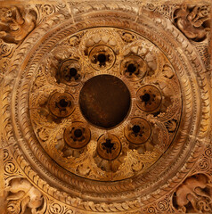 Intricate designs in the interior of Kandariya Mahadeva Temple in the Khajuraho temple complex,...