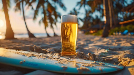 Close up view of a surfboard stuck in the sand and cold beer next to it, with palm trees on background