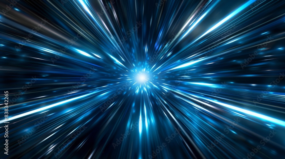 Wall mural blue light streaks converge in a dark void, creating a vibrant warp speed effect in a sci-fi scene.