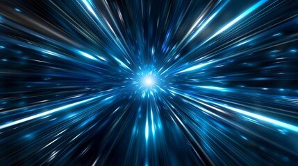 Blue light streaks converge in a dark void, creating a vibrant warp speed effect in a sci-fi scene.