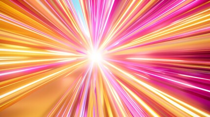 Blonde yellow, beige, and candy pink light streaks converge in a sci-fi warp speed effect, creating a bright central point.