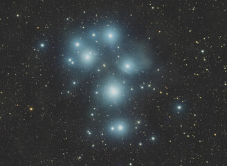 M45- Plejaden.Die Plejaden sind ein offener Sternhaufen, der mit bloßem Auge gesehen werden kann. Sie sind Teil unserer Galaxie, der Milchstraße. 