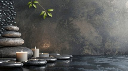 Luxury spa relaxing background. White candles, grey pebbles and greenery on grey background. Spa, massage and relax concept. Copy space, place for text. Generative AI. 