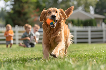 A friendly golden retriever playing fetch with happy family in sunlit backyard. Dog is running with ball in mouth, children laughing, scene is brightly lit, neutral green lawn and white fence.