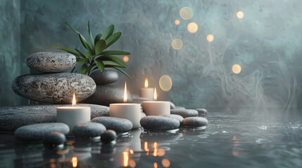Luxury spa relaxing background. White candles, grey pebbles and greenery on grey background. Spa, massage and relax concept. Copy space, place for text. Generative AI. 
