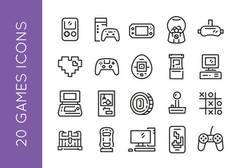 Game icons. Set of 20 game trendy minimal icons. Handheld Console, VR Headset, Arcade Machine, Desktop Computer icon. Design signs for web page, mobile app, packaging design. Vector illustration. © InvisionFrameStudio