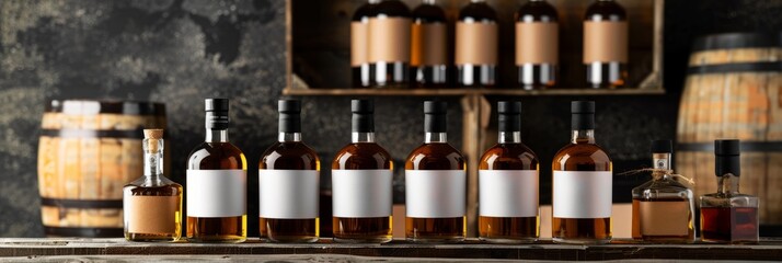 A selection of artisanal whisky bottles, arranged on a rustic wooden table, against a backdrop of a brick wall and wooden barrels. The bottles feature blank labels, perfect for showcasing your brand